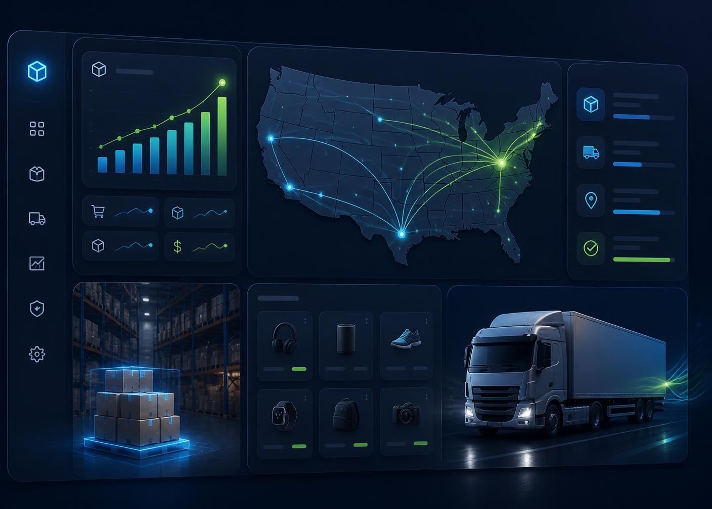 Easy Outlet BD warehouse dashboard showing US shipping routes, live order analytics, and same-day fulfillment